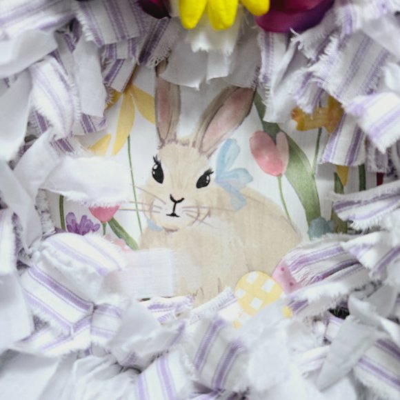 Hand Crafted Easter Bunny Rabbit Fabric Rag Wreath, Purple & White, Bunny Sign - Picture 3 of 9